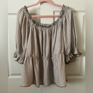 Old Navy Smocked Checkered Peplum Taupe Green Sz 2x